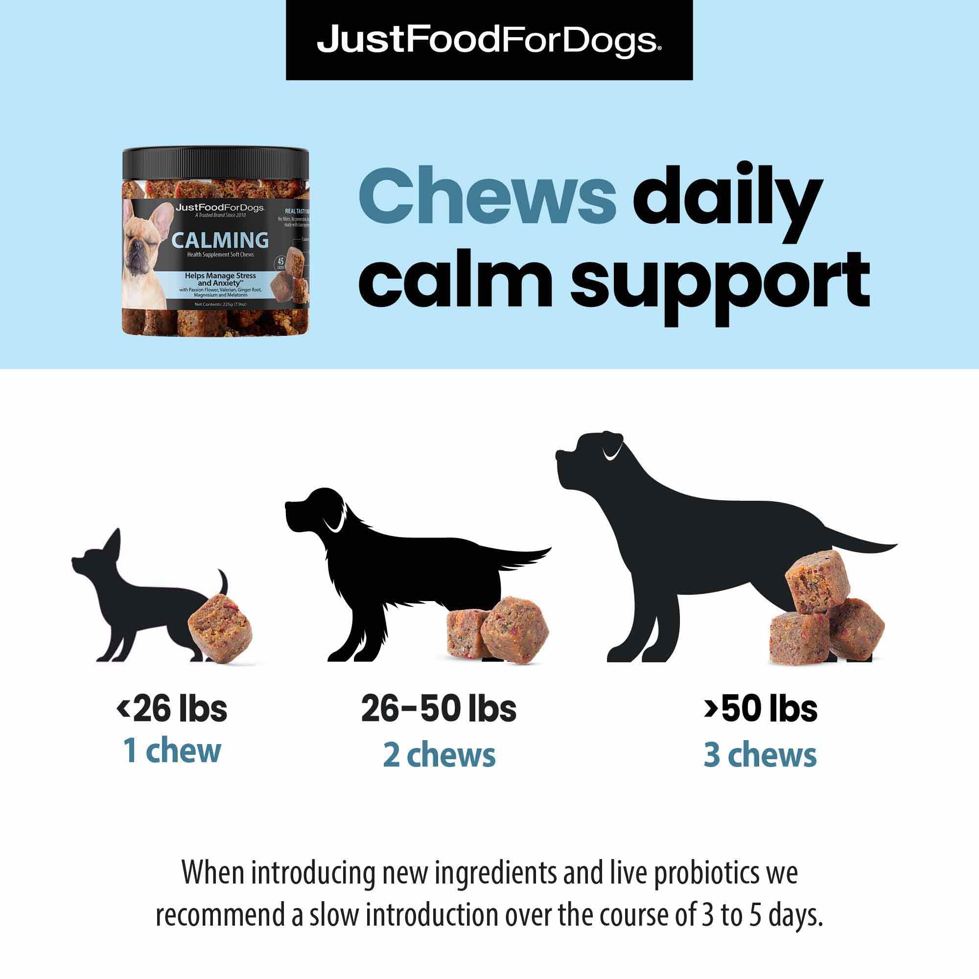 JustFoodForDogs Calming Supplement for Dogs Soft Chew to Support Stress and Anxiety, Melatonin, Relaxation Aid, Human-Grade Ingredients - 45 Count