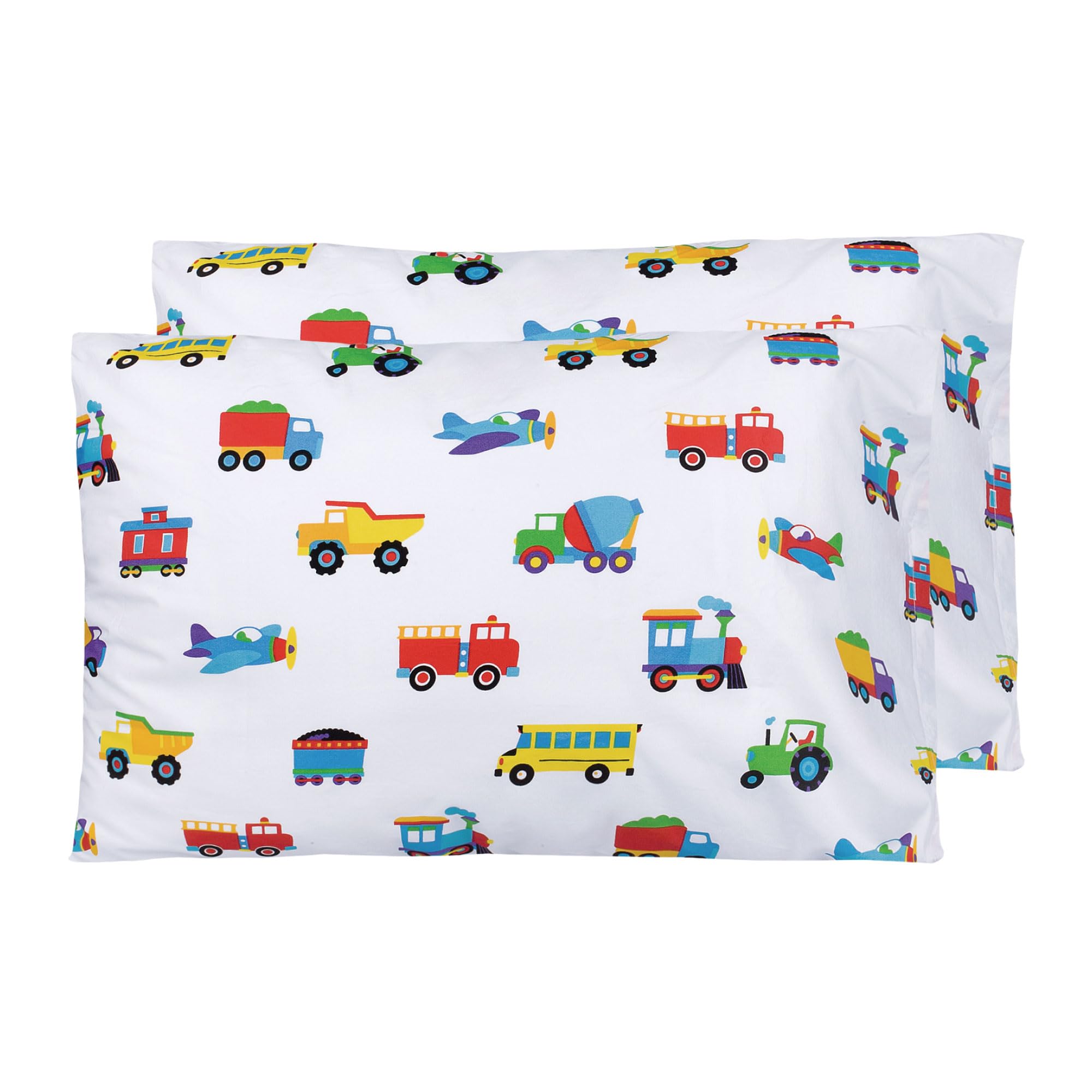 Wildkin Kids 2-Pack 100% Cotton Pillowcases for Boys & Girls, Soft and Breathable Fabric Pillow Kids Pillowcase, Fits Standard Size Pillow (20 x 30 Inches) - Trains, Planes & Trucks