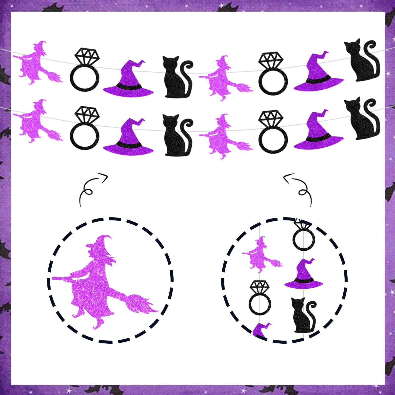 Fangleland Halloween Witch Party Streamer Garlands Purple, Bachelorette Bridal Shower Ceiling Wall Hanging Banner Decorations, Halloween Party Decor Supplies