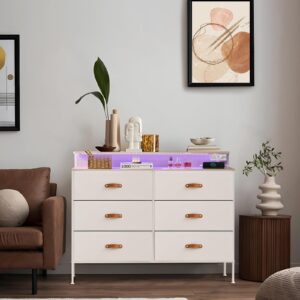 SANGMUCEN 47.2" W White Dresser for Bedroom with Charging Station and LED Lights, 6 Drawers Dresser with PU Finish, Wide Fabric Dressers for Closet, Bedroom, Hallway Entryway, Wood