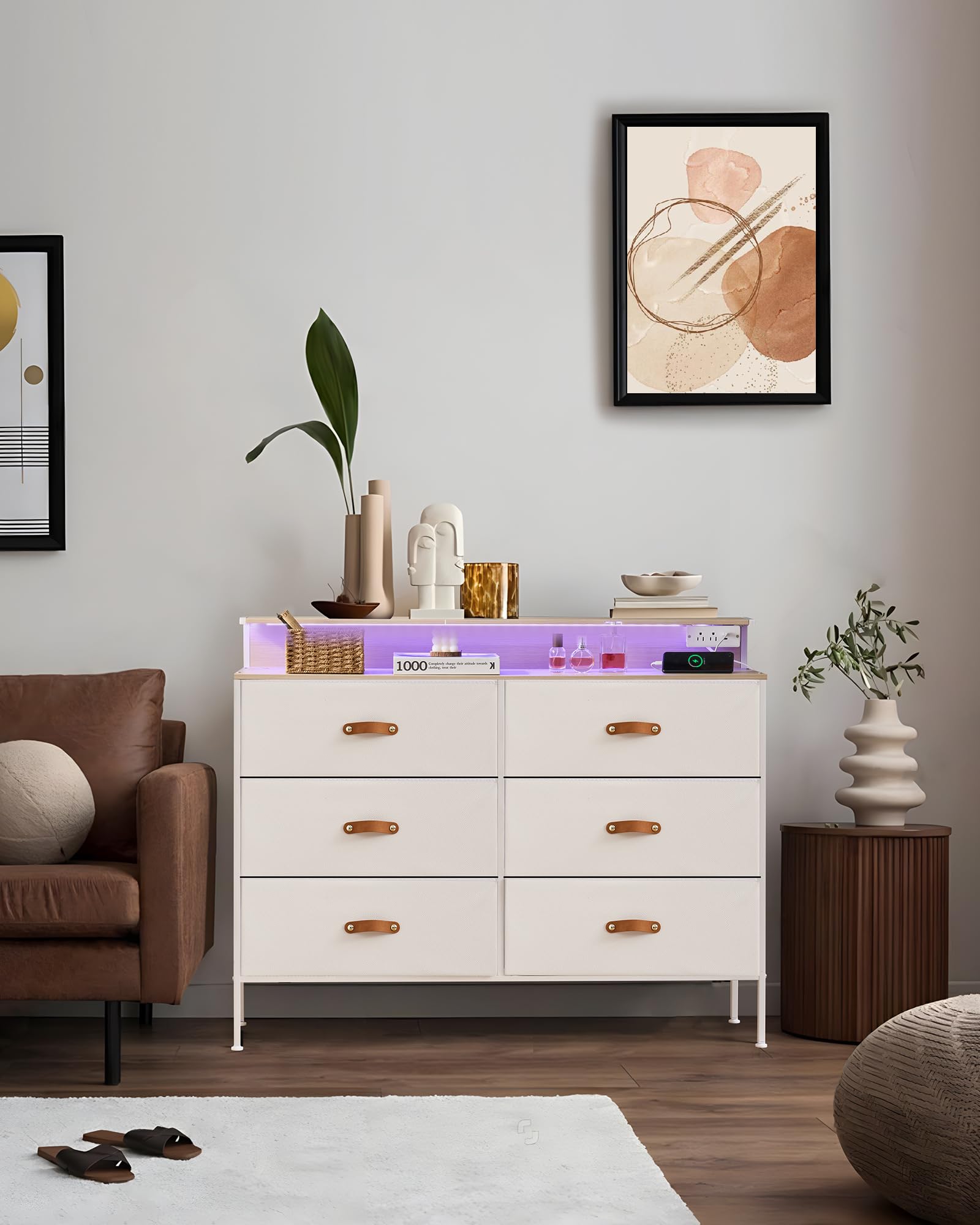 SANGMUCEN 47.2" W White Dresser for Bedroom with Charging Station and LED Lights, 6 Drawers Dresser with PU Finish, Wide Fabric Dressers for Closet, Bedroom, Hallway Entryway, Wood