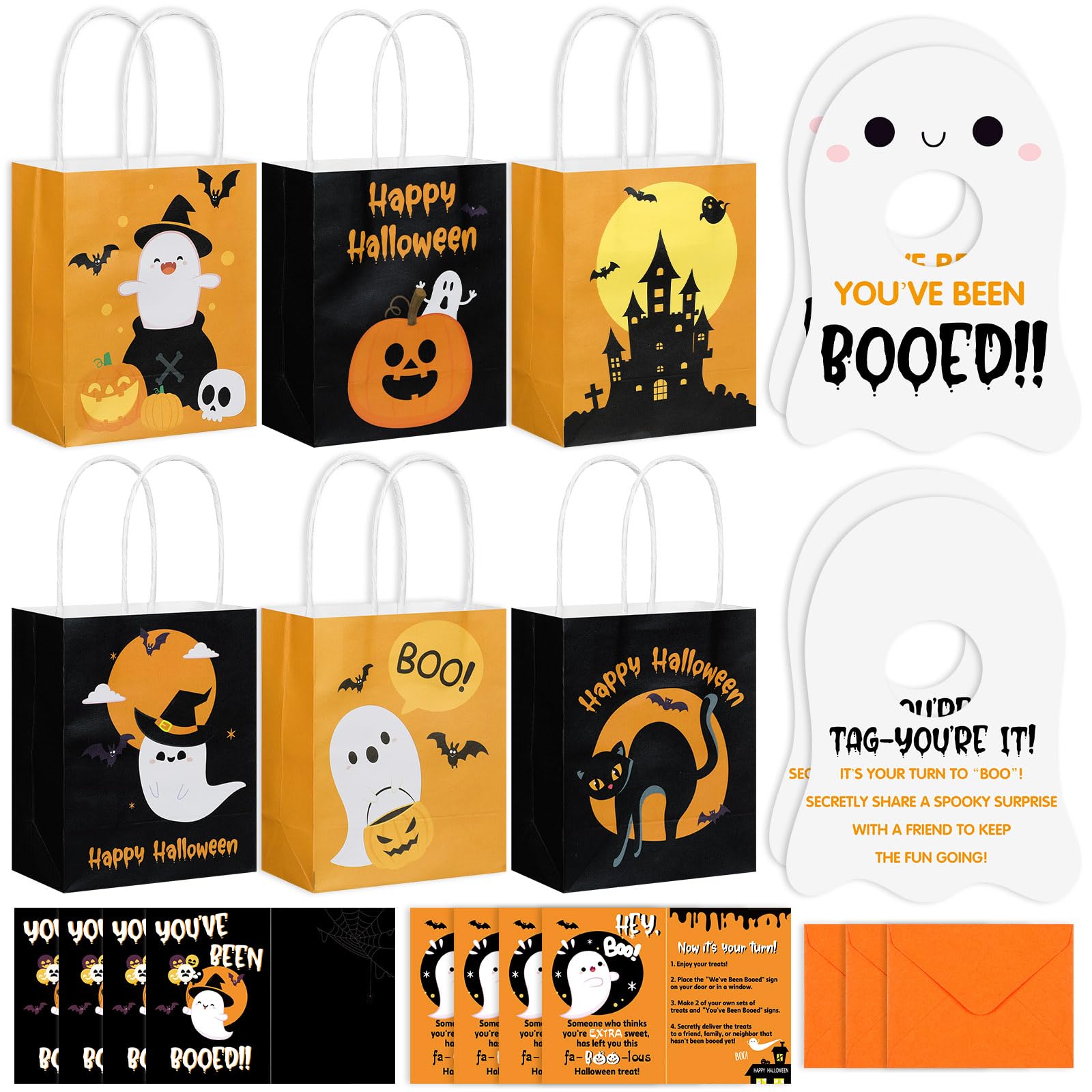 Watersay 24 Set Halloween You've Been Booed Ghost Bag Starter Kit with 24 Boo Gift Bags 24 Cardstock 24 We've Been Booed Doorknob Hangers 24 Envelopes for Neighbors Coworkers Friends (Classic Style)