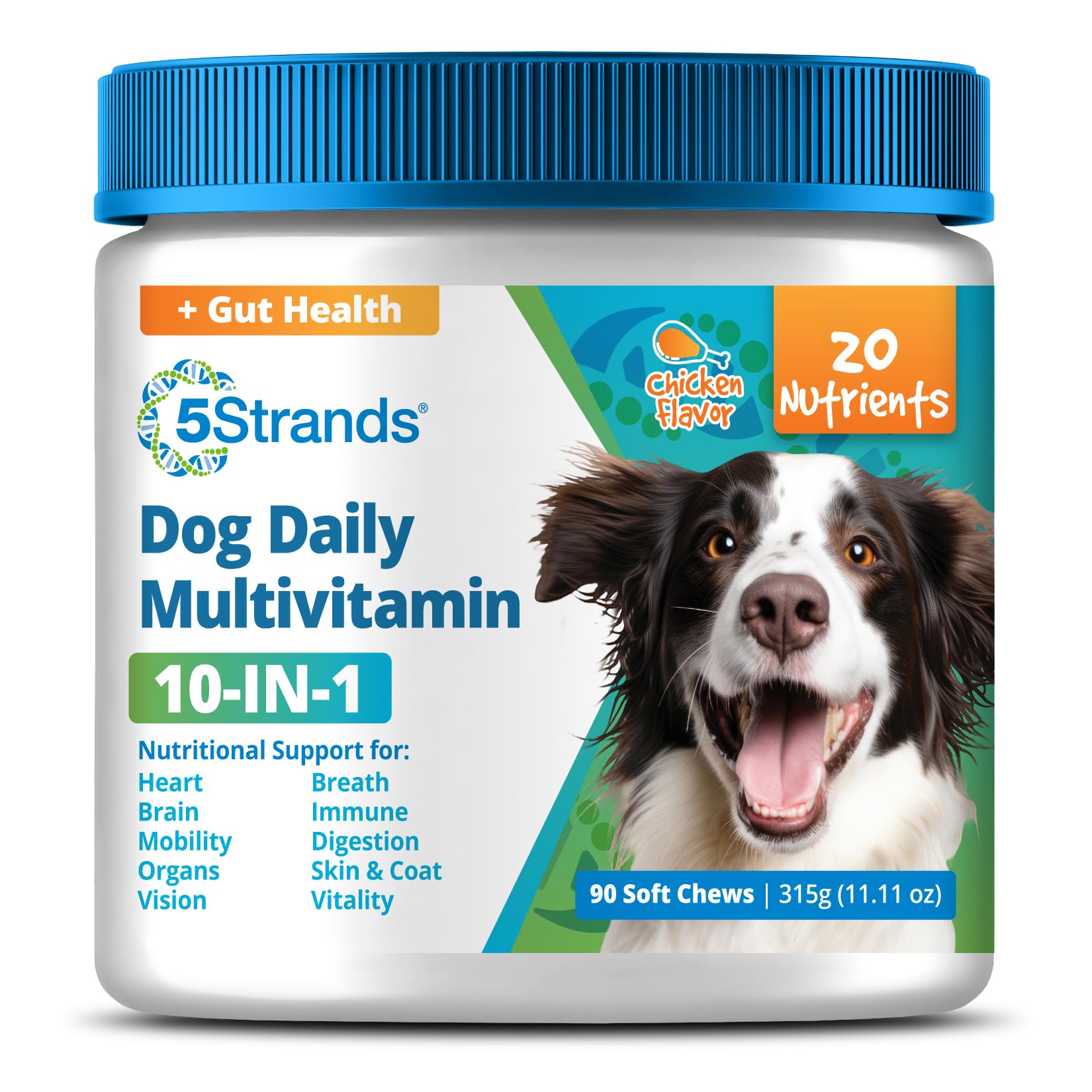 5Strands Dog Multivitamin Chews, 10-in-1, Vitamins & Postbiotics, All Ages & Breeds - Digestion, Brain, Organs, Heart, Mobility, Vision, Skin & Coat, Immune Health - Dog Supplement (Chicken, 90ct)