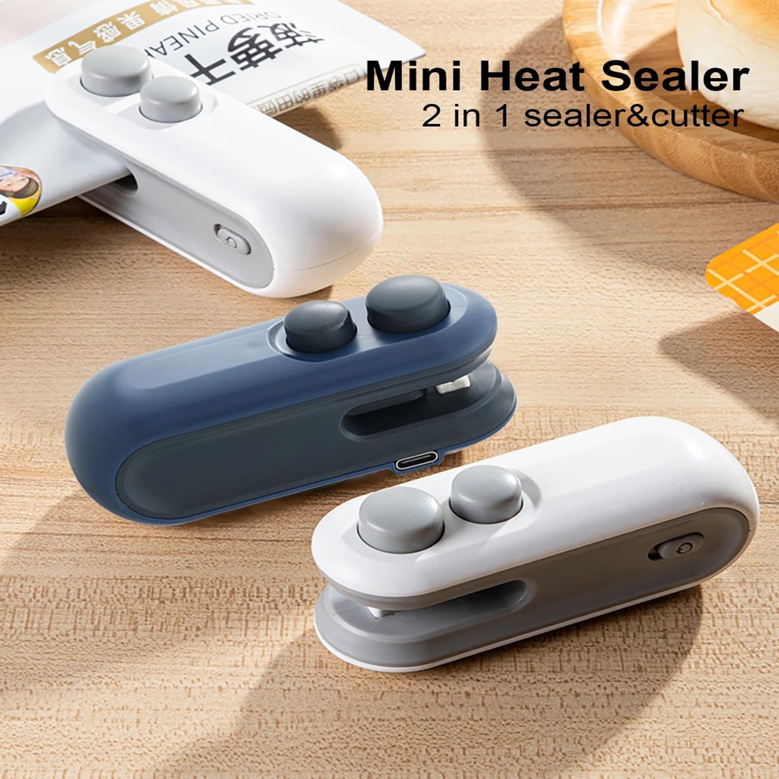 Mini Bag Sealer 2 Pack Bag Sealer with Cutter and Magnet 2 in 1 Mini Bag Resealer Machine Portable Handheld Rechargeable Heat Vacuum Food Sealer for Plastic Bags Snacks & Food Storage (2, white＆blue)