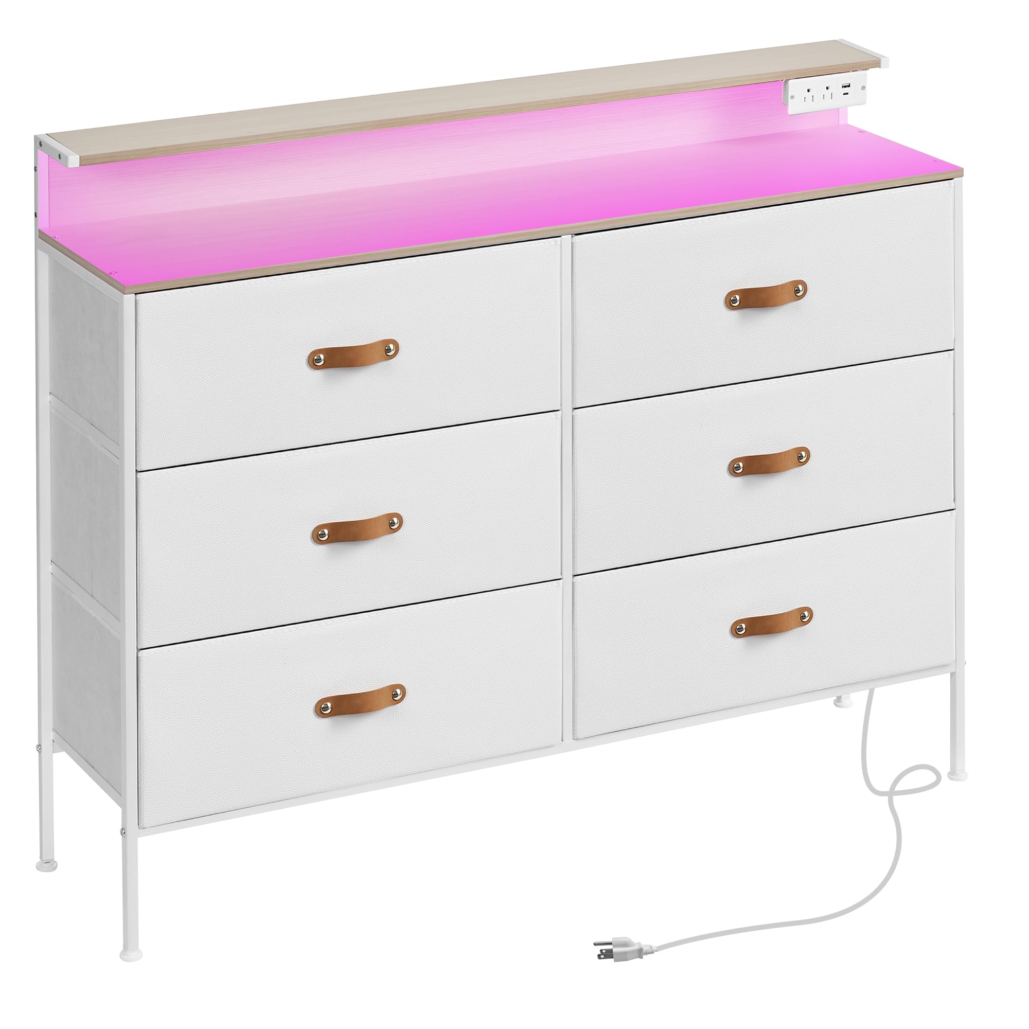 SANGMUCEN 47.2" W White Dresser for Bedroom with Charging Station and LED Lights, 6 Drawers Dresser with PU Finish, Wide Fabric Dressers for Closet, Bedroom, Hallway Entryway, Wood