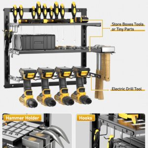 Power Tool Organizer Wall Mount, Tool Storage Rack with 4 Drill Holder, Tool Holder Bears 35lbs, Tool Shelf with Screwdriver, 3-Tier Adjustable Height Tool Rack for Garage Organization and Workshop