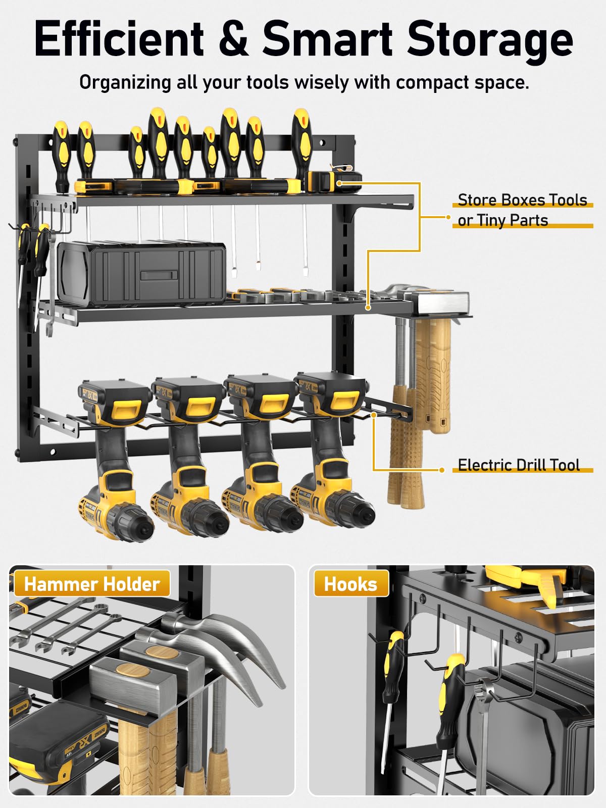 Power Tool Organizer Wall Mount, Tool Storage Rack with 4 Drill Holder, Tool Holder Bears 35lbs, Tool Shelf with Screwdriver, 3-Tier Adjustable Height Tool Rack for Garage Organization and Workshop