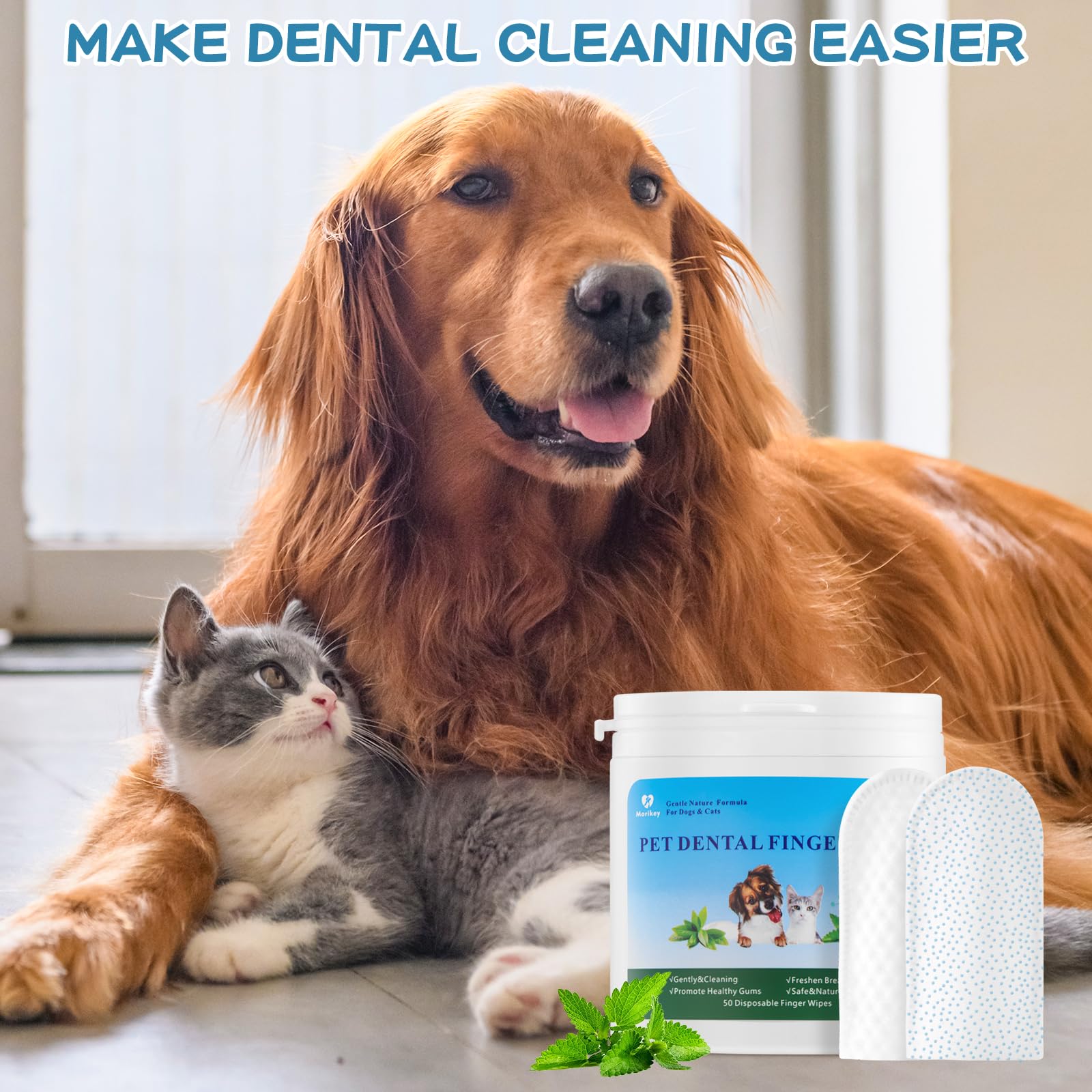 Morikey Dog Teeth Cleaning Wipes Nature Pet Dental Finger Wipes for Dogs Cats Remove Bad Breath,Reduce Plaque and Tartar Buildup Disposable Gentle Pet Dental Care-50Ct