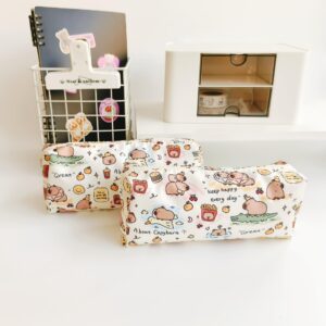 NAPIMICO Cute Small Pencil Pouch Kawaii Pencil Case Canvas Capybara Makeup Bag Aesthetic Stationery Organizer Pen Holder (Beige)