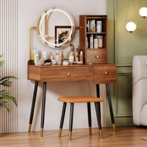 sbdmirau vanity 35" w, vanity desk with round mirror and lights, brown vanity makeup table with chair, with open compartment and 3 drawers, 3 lighting modes gift for girls and women brown vanity