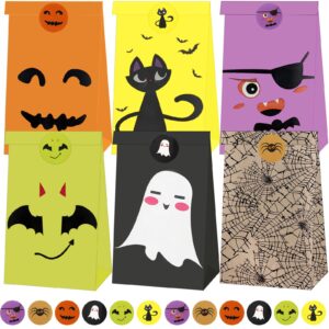 24 pcs halloween treat bags set with stickers, assorted paper gift candy bags including ghosts, cats, pumpkins, and spiders designs for trick-or-treat, goodie bags, party favors, and classroom gifts