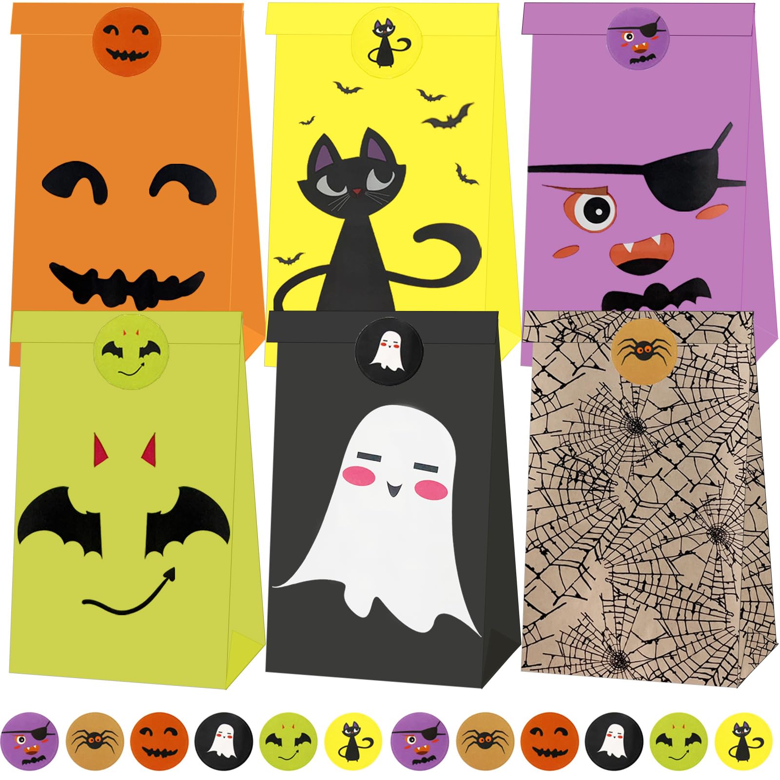 24 Pcs Halloween Treat Bags Set with Stickers, Assorted Paper Gift Candy Bags Including Ghosts, Cats, Pumpkins, and Spiders Designs for Trick-or-Treat, Goodie Bags, Party Favors, and Classroom Gifts