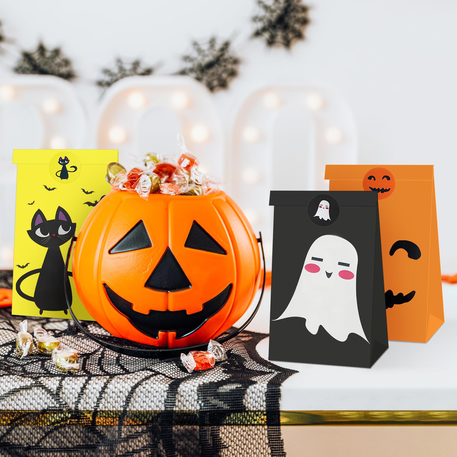 24 Pcs Halloween Treat Bags Set with Stickers, Assorted Paper Gift Candy Bags Including Ghosts, Cats, Pumpkins, and Spiders Designs for Trick-or-Treat, Goodie Bags, Party Favors, and Classroom Gifts