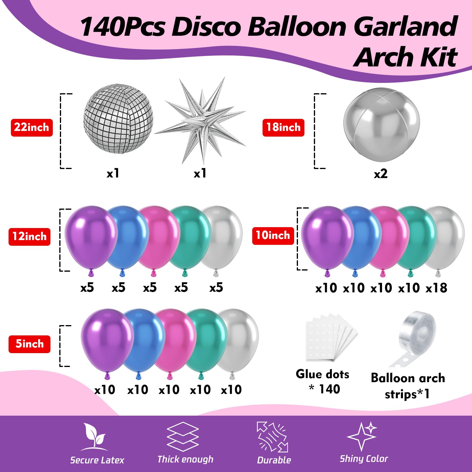 HKYOOD Disco Balloons Garland Arch Kit - 22 18 12 10 5 inch Metallic Purple Blue Hot Pink Green Silver Chrome Disco Balloon with for Birthday Sing Themed 70S 80S 90S Bachelorette Party Decorations