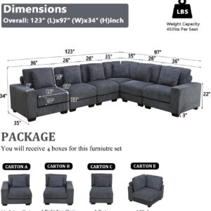 AYCP Customized Oversized Reversible Modular Sofa Couch Set with Adjustable headrest and Ottomans (Dark Grey, L Shape 6pcs)