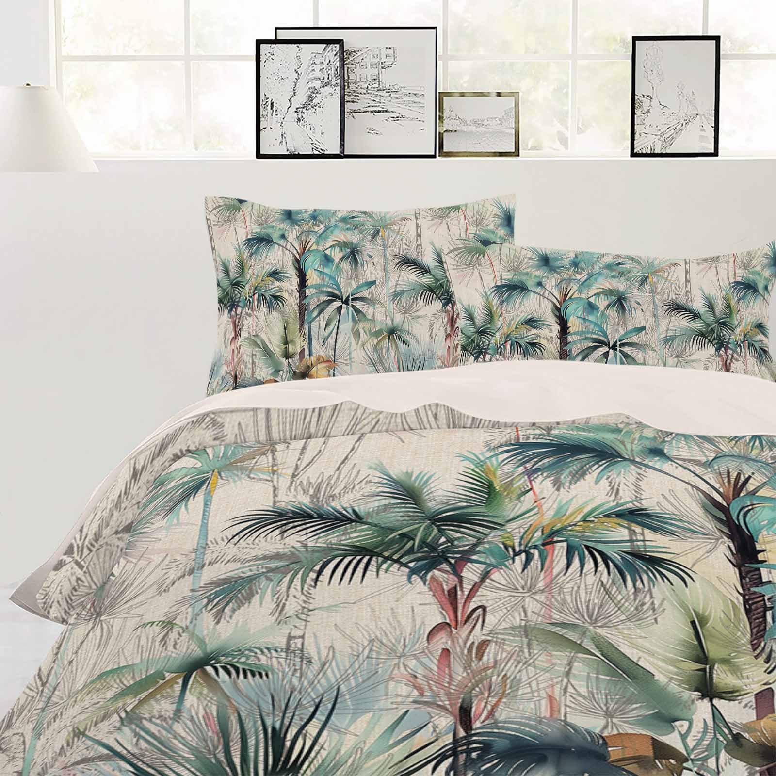 Lsrtoss Summer Palm Trees California King Duvet Cover Set, Vintage Botanical Tropical Leaves Microfiber 3 Piece Bedding Set with 2 Pillowcases & 1 Quilt Cover, 92" W x 106" L, California King Size