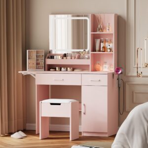 dowinx vanity desk with mirror and light, makeup vanity with power outlet & storage stool, vanity table with 3 drawers & 7 open shelves, adjustable 3 lighting colors for bedroom, pink