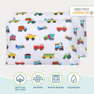 Wildkin Kids 2-Pack 100% Cotton Pillowcases for Boys & Girls, Soft and Breathable Fabric Pillow Kids Pillowcase, Fits Standard Size Pillow (20 x 30 Inches) - Trains, Planes & Trucks