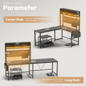 Dowinx L Shaped Desk with Pegboard and Removable Filing Cabinet, Reversible 67” Computer Gaming Desk with Power Outlet and Led, Office Corner Desk with Storage for Home Game, Grey