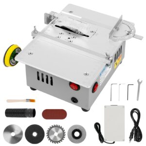 mini table saw with belt grinder, 240w 7-speed power supply adjustable table saw portable precision table saw with 4-blades and safety flap, 0.1-20mm saw blade height adjustable, aluminum