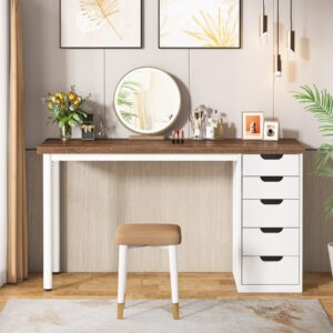 Tribesigns 47 inches Vanity Desk with 5 Drawers, Rustic Brown Makeup Vanity Table Dressing Table with Storage, Modern Simple Computer Desk for Women, Girls