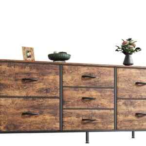 Huuger Dresser with 7 Drawers, 47 Inch Dresser TV Stand for 43, 50, 55 Inch TV, Wide Fabric Dresser Chest of Drawers, Metal Frame, Storage Dresser for Bedroom, Nursery, Clothing, Rustic Brown