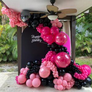 HKYOOD 148Pcs Pink and Black Balloons Garland Arch Kit - 5 10 12 18 inch Hot Pink Black Light Pink Metallic Pink Latex Balloon for Birthday Baby Shower Bridal Shower Wedding Princess Party Decorations