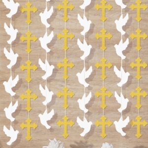 wonderjune 12 pcs first holy communion baptism decoration gold and white dove cross garland banner for wedding bridal baby shower engagement religious christian