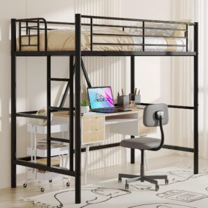 vecelo loft bed twin size, metal bedframe with removable ladder and safety guardrail, no box spring needed, space saving, noise free, black