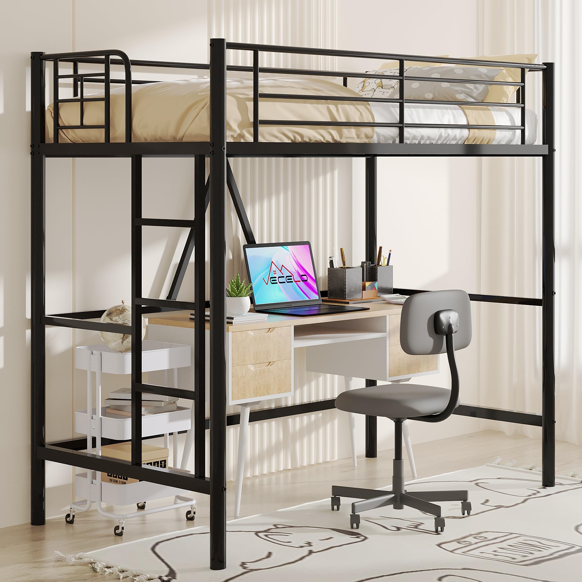 VECELO Loft Bed Twin Size, Metal Bedframe with Removable Ladder and Safety Guardrail, No Box Spring Needed, Space Saving, Noise Free, Black