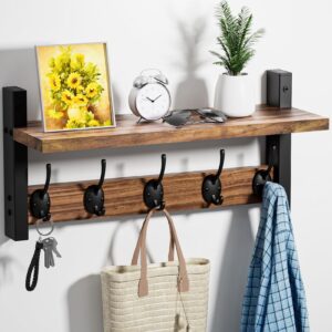 vitviti coat rack wall mount with shelf, wood entryway coat hanger with 5 metal hooks, farmhouse hat coat rack for wall living room/bathroom/kitchen, rustic brwon