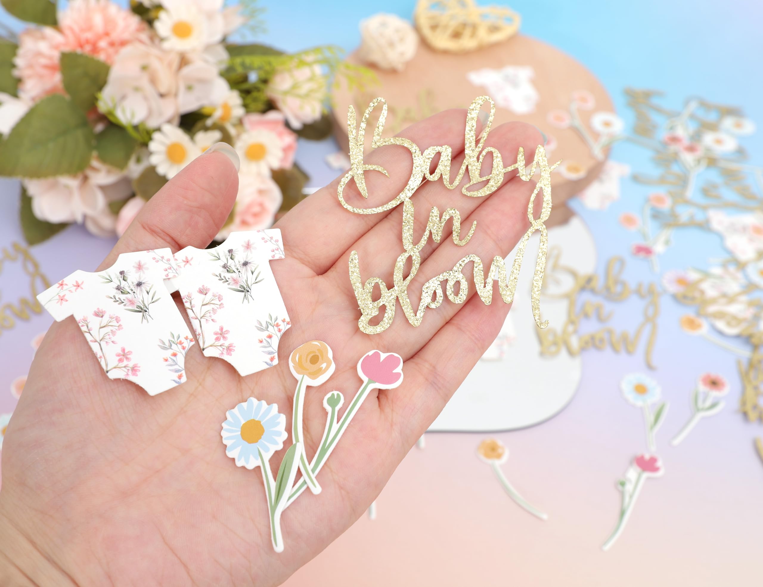 BABY Shower Script Table Confetti - Baby In Bloom Confetti Shower Decor, Floral Bodysuit Scatter Confetti, Flower Baby Gender Reveal Party Decorations, Glitter Confetti Photo Props (BABY GIRL PINK)