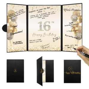 darunaxy black gold 16th birthday party decorations, happy 16th birthday alternative signature guest book for boys & girls sweet 16 years old gifts 16 birthday signing card board party supplies