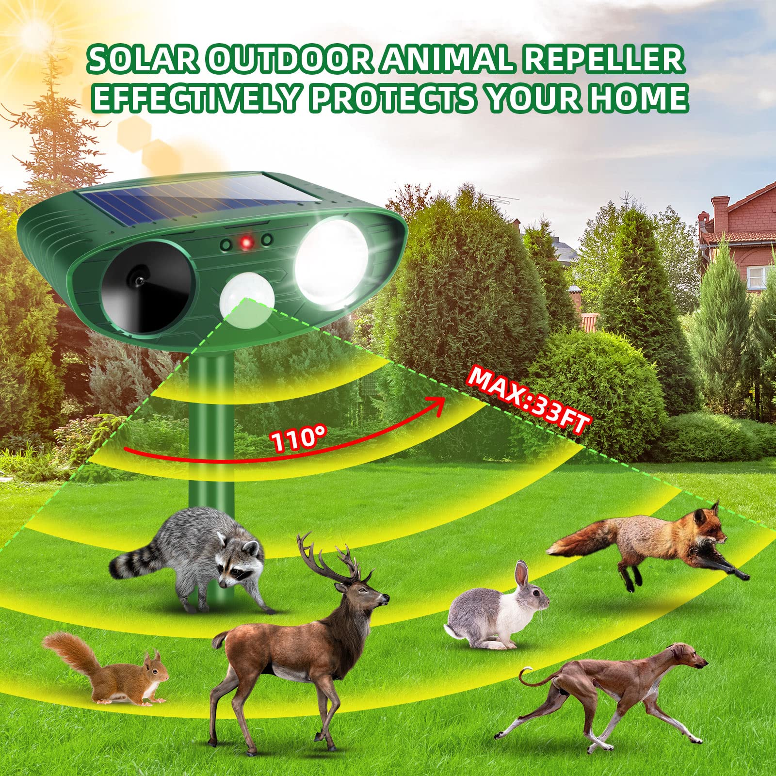 Jahy2Tech Solar Animal Repellent Ultrasonic Cat Repellent Outdoor Deer Repellent with Motion Sensor & Strobe Light Animal Deterrent Repel Dog Squirrel Rabbit Raccoon Skunk Coyote Out of Yard(Green)