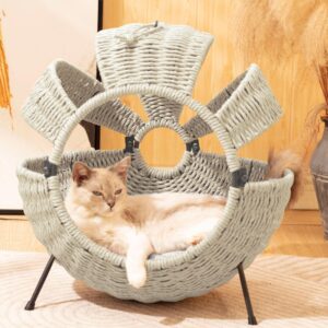 cozy rattan cat house with cushion - large spherical indoor outdoor pet bed, 20.5x20.5x14 inches light gray