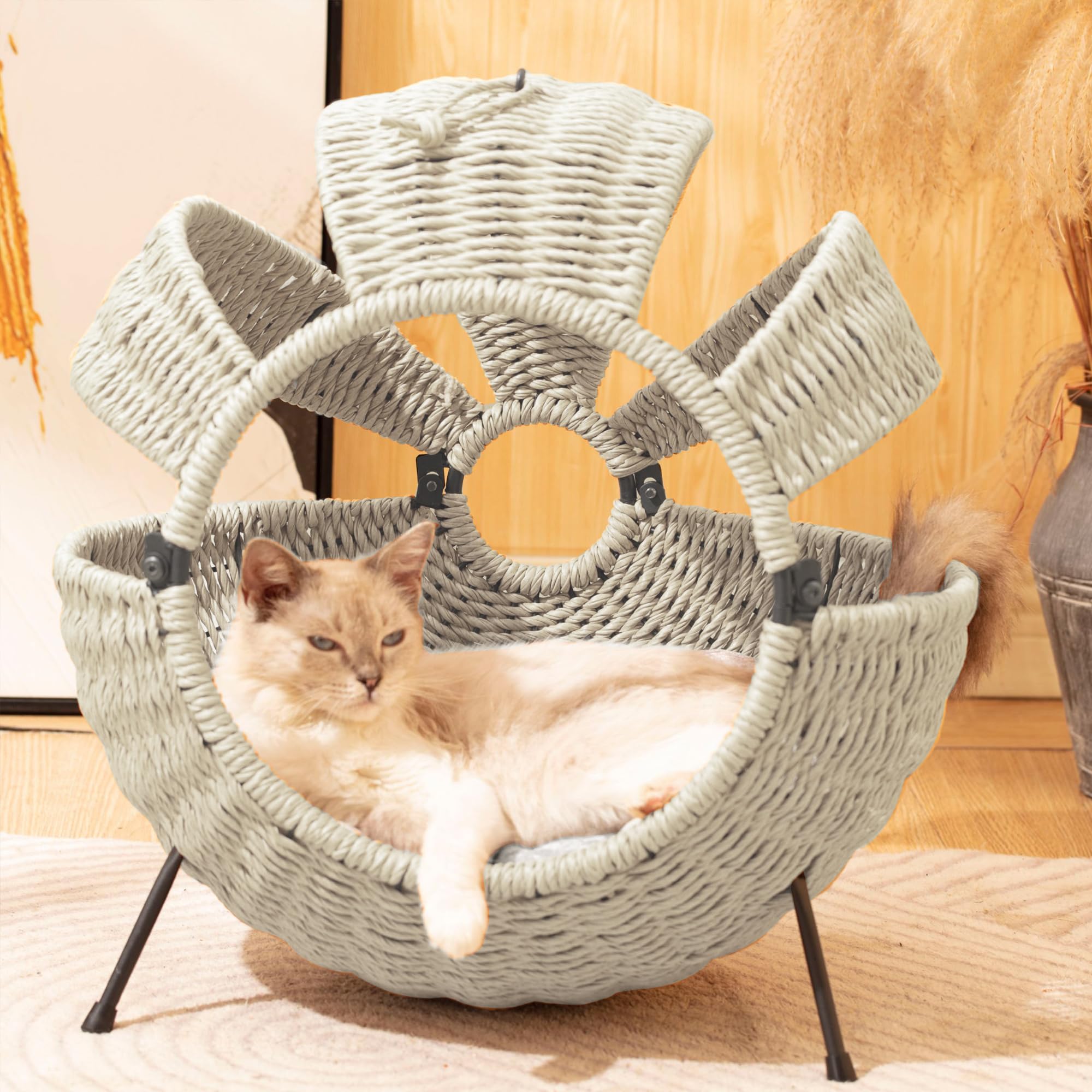 Cozy Rattan Cat House with Cushion - Large Spherical Indoor Outdoor Pet Bed, 20.5x20.5x14 Inches Light Gray