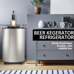 TROPOW Beer Kegerator, Single Tap Draft Beer Dispenser, Full Size Keg Refrigerator With Shelves, Stainless Steel, Drip Tray & Rail,silver, 128L