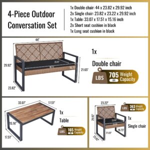 LUMISOL 4-Piece Patio Furniture Set, Outdoor Loveseat and Coffee Table for Balcony Porch Garden Backyard, Lawn Furniture Acacia Wood Table Top, Modern Black and Light Brown