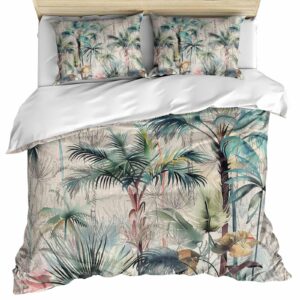 lsrtoss summer palm trees california king duvet cover set, vintage botanical tropical leaves microfiber 3 piece bedding set with 2 pillowcases & 1 quilt cover, 92" w x 106" l, california king size