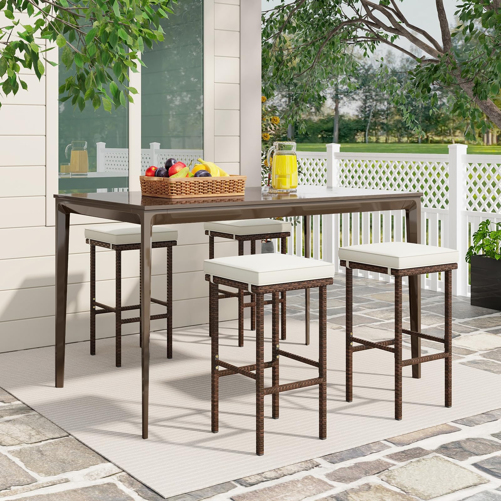 Tangkula Patio Wicker Bar Stools Set of 4, Patiojoy Outdoor Bar Height Chairs w/Seat Cushions & Footrest, Heavy-Duty Metal Frame, 400 lbs Load Bearing, Backless PE Rattan Bar Chairs