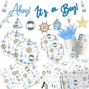 ahoy nautical baby shower decorations tableware,142pcs ahoy its a boy baby shower plates and napkins supplies ahoy nautical party dinnerware tablecloth for boy sailor theme baby shower decorations