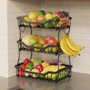 giwil 3 tier countertop fruit basket for kitchen, vegetable storage basket bread fruit bowl stand with 2 banana hooks, wall mounted metal wire basket organizer for potato onion, black