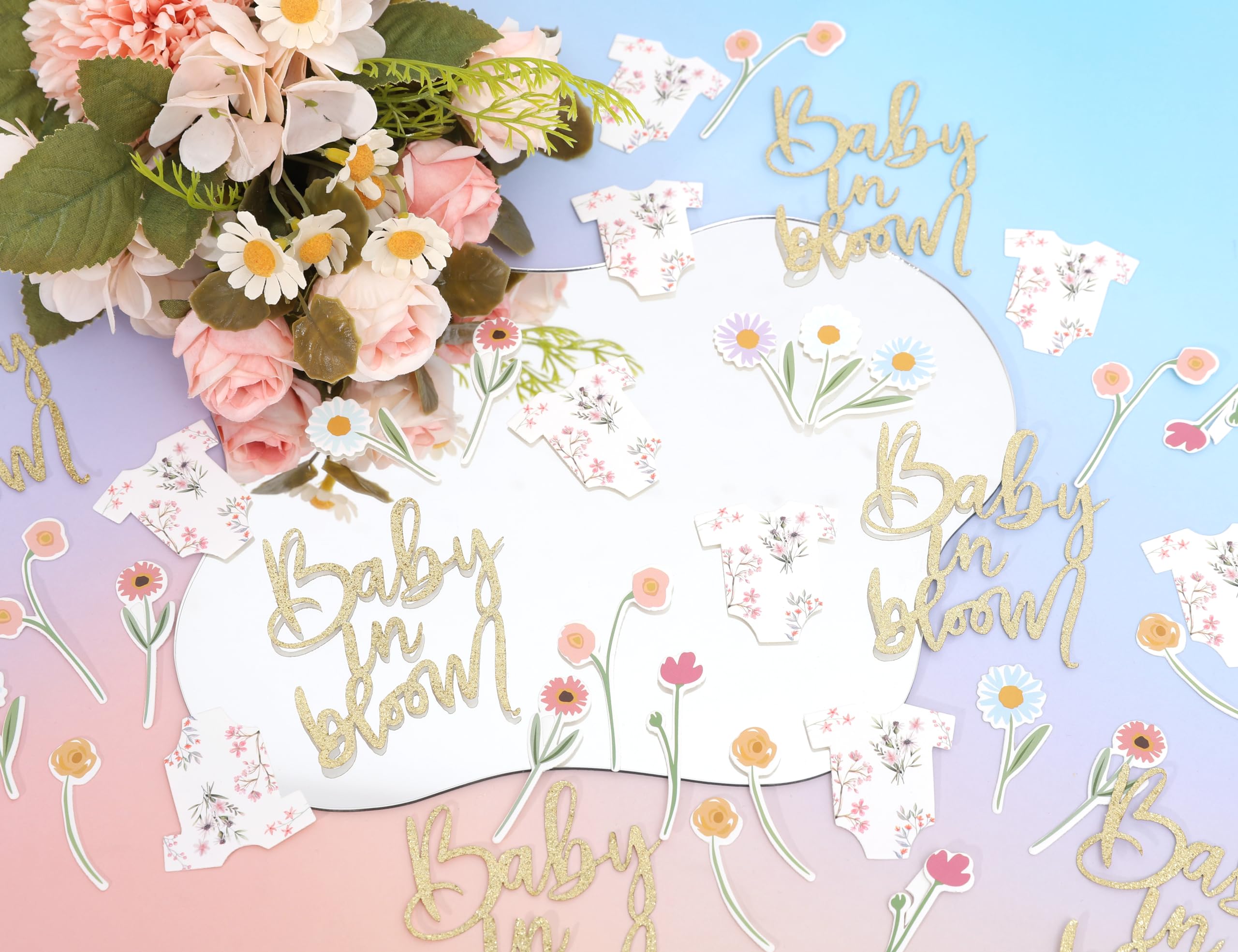 BABY Shower Script Table Confetti - Baby In Bloom Confetti Shower Decor, Floral Bodysuit Scatter Confetti, Flower Baby Gender Reveal Party Decorations, Glitter Confetti Photo Props (BABY GIRL PINK)