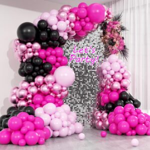 hkyood 148pcs pink and black balloons garland arch kit - 5 10 12 18 inch hot pink black light pink metallic pink latex balloon for birthday baby shower bridal shower wedding princess party decorations