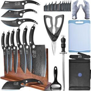 xyj professional black kitchen knife set with high-carbon steel forged blades, chef's knife, cleaver, carving knife, nakiri, includes carrying bag & poultry scissors,gift bag christmas gifts