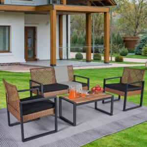 LUMISOL 4-Piece Patio Furniture Set, Outdoor Loveseat and Coffee Table for Balcony Porch Garden Backyard, Lawn Furniture Acacia Wood Table Top, Modern Black and Light Brown