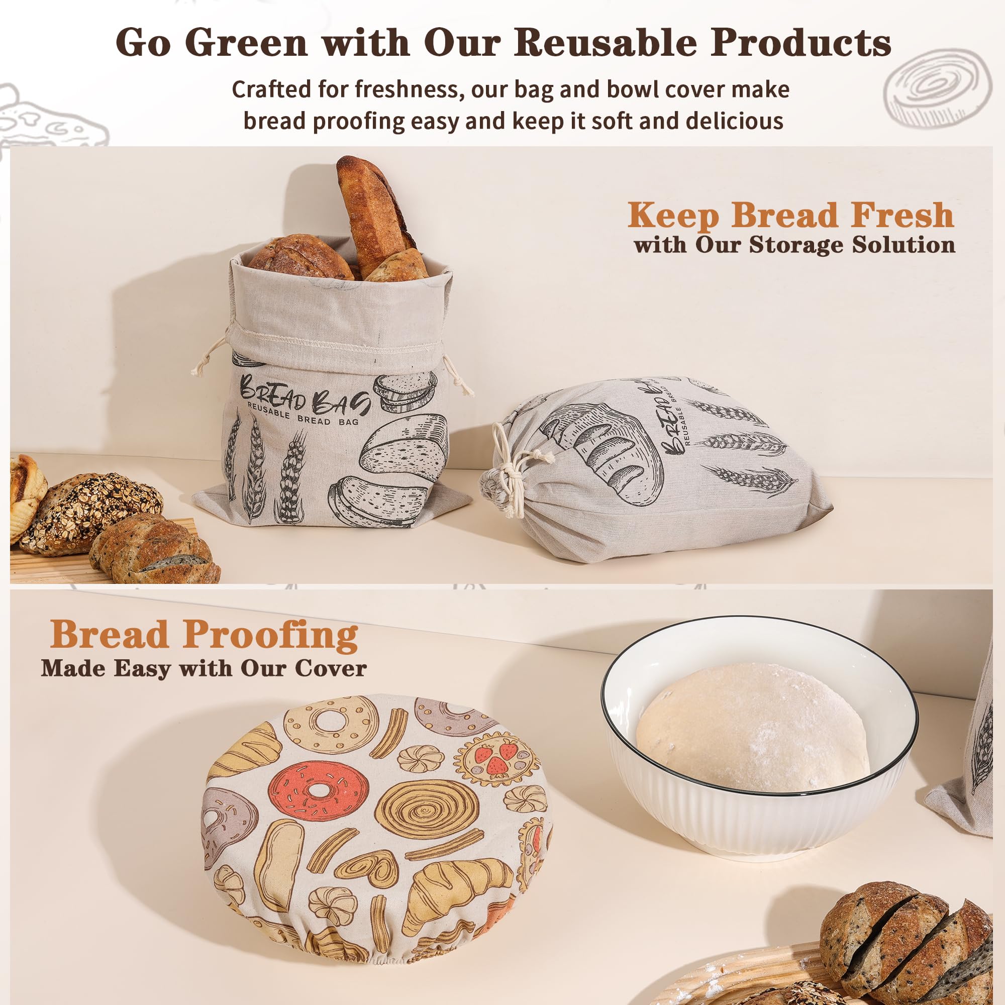 4 Pack Premium Reusable Bread Bags for Homemade Bread and Sourdough with Bread Proofing Covers, Linen Bread Storage Bags with Plastic Lining - Perfect Bread Bags for Homemade Bread Sourdough