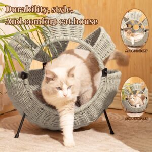 Cozy Rattan Cat House with Cushion - Large Spherical Indoor Outdoor Pet Bed, 20.5x20.5x14 Inches Light Gray