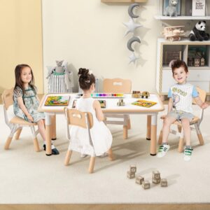 INFANS Kids Table and Chiar Set, Height Adjustable Toddler Desk and 4 Chairs with Graffiti Desktop Non-Slip Legs, Large 47" L x 23.5" W Multi-Activity Art Table for Daycare Classroom Home (Natural)