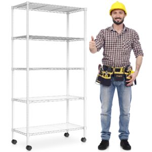 dolonm 5 tier wire shelving unit, 750 lbs nsf storage shelf, 14"d x 30"w x 60"h, kitchen shelf with liners, garage storage shelves with wheels, heavy duty metal pantry racks, adjustable shelf, white